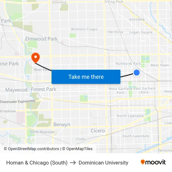 Homan & Chicago (South) to Dominican University map