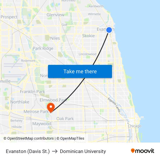 Evanston (Davis St.) to Dominican University map