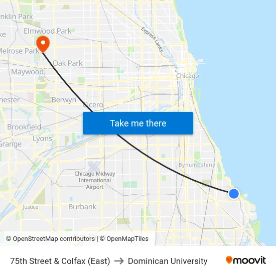 75th Street & Colfax (East) to Dominican University map