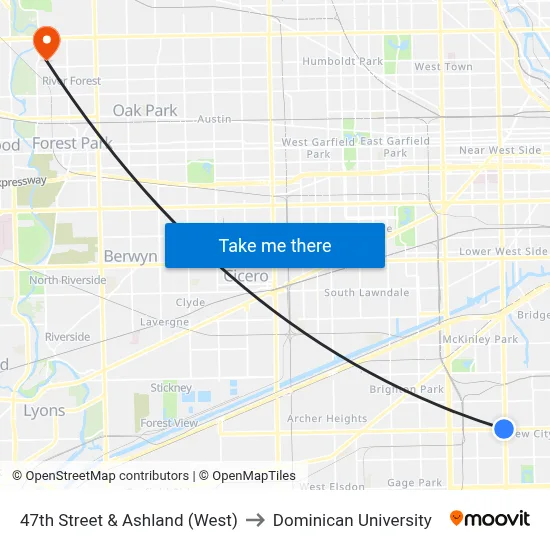 47th Street & Ashland (West) to Dominican University map