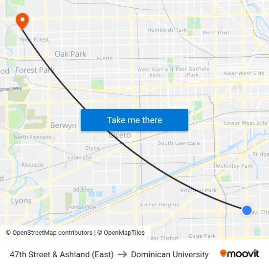 47th Street & Ashland (East) to Dominican University map