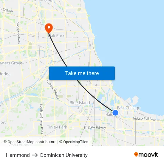 Hammond to Dominican University map