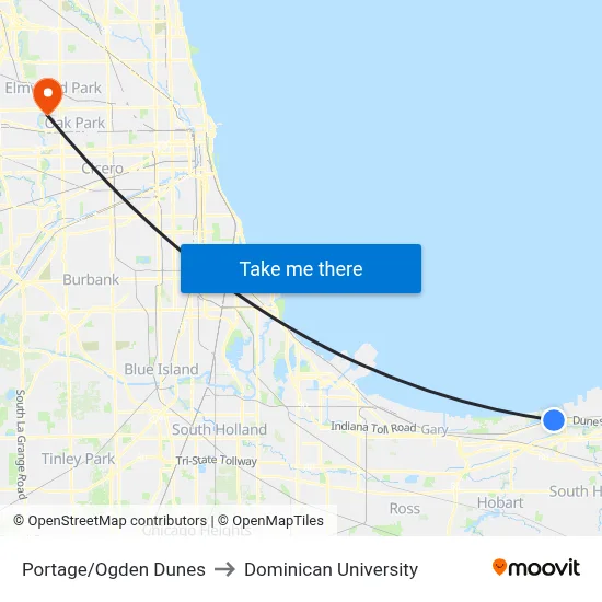 Portage/Ogden Dunes to Dominican University map