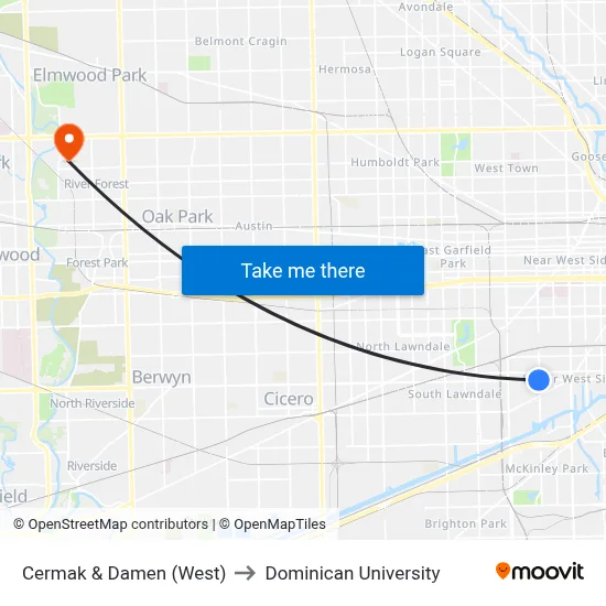 Cermak & Damen (West) to Dominican University map