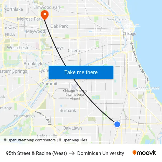 95th Street & Racine (West) to Dominican University map
