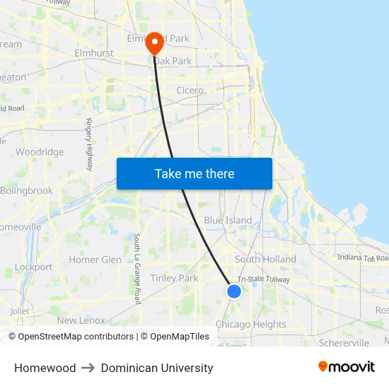Homewood to Dominican University map