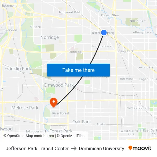 Jefferson Park Transit Center to Dominican University map