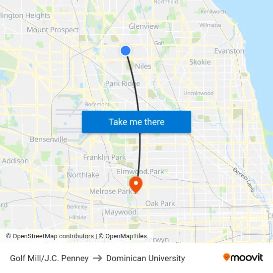 Golf Mill/J.C. Penney to Dominican University map