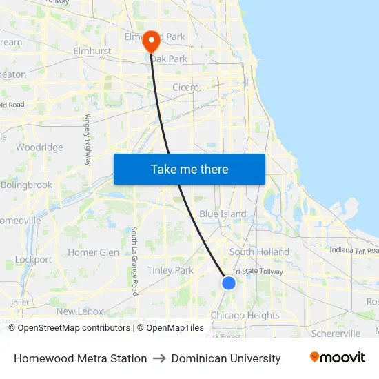 Homewood Metra Station to Dominican University map