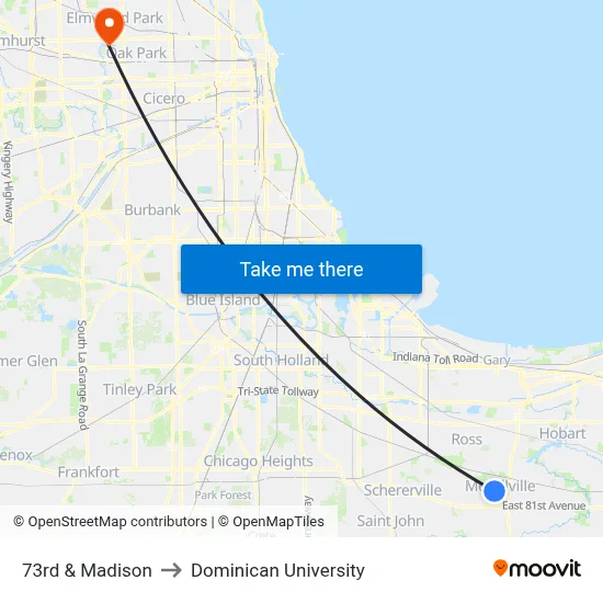 73rd & Madison to Dominican University map