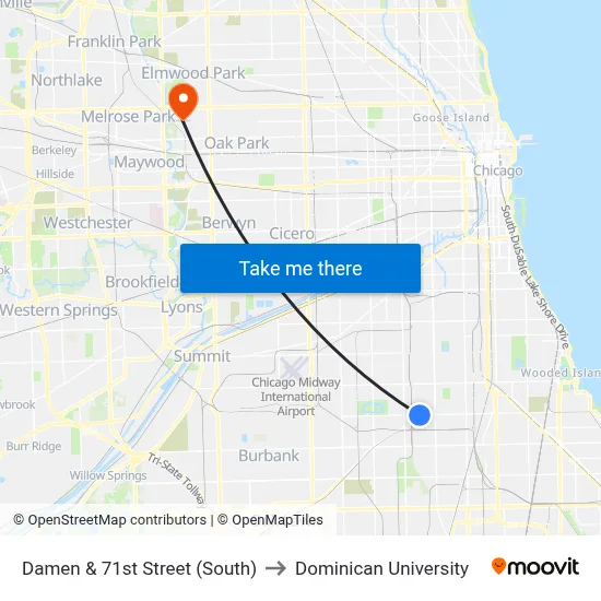 Damen & 71st Street (South) to Dominican University map
