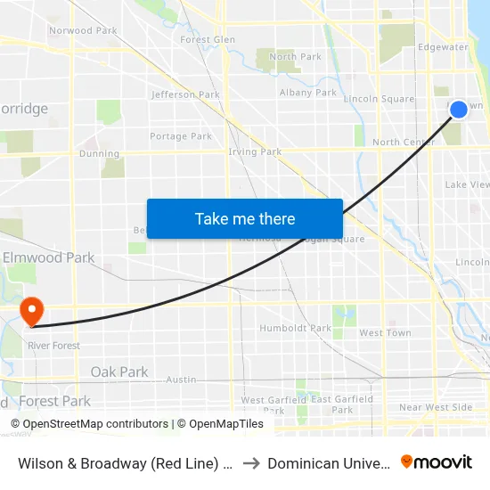 Wilson & Broadway (Red Line) (East) to Dominican University map