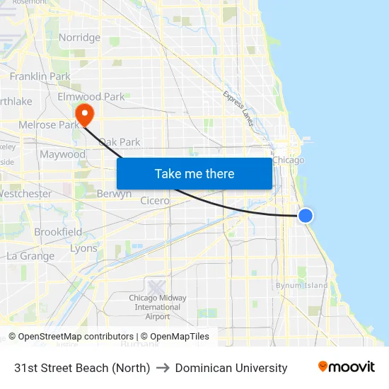 31st Street Beach (North) to Dominican University map