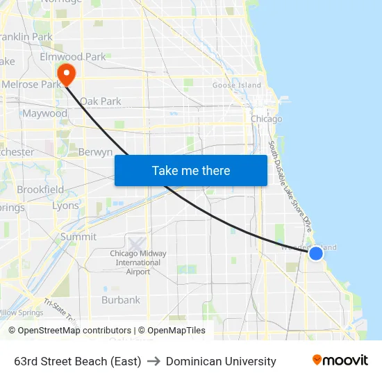 63rd Street Beach (East) to Dominican University map