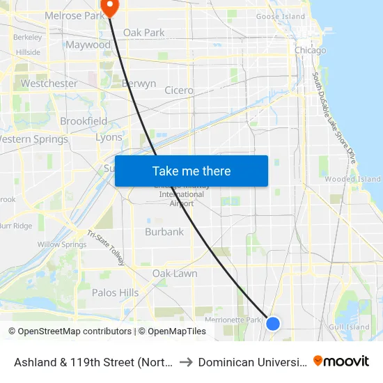 Ashland & 119th Street (North) to Dominican University map
