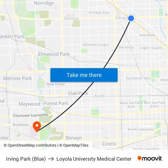Irving Park (Blue) to Loyola University Medical Center map