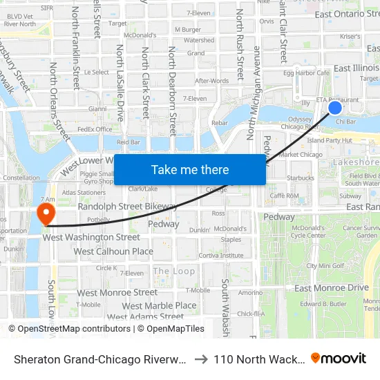 Sheraton Grand-Chicago Riverwalk to 110 North Wacker map