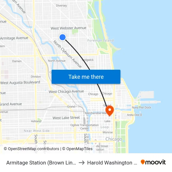 Armitage Station (Brown Line) (West) to Harold Washington College map