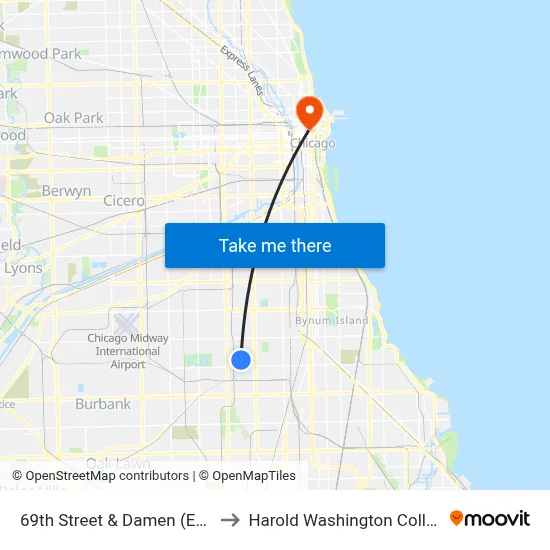 69th Street & Damen (East) to Harold Washington College map