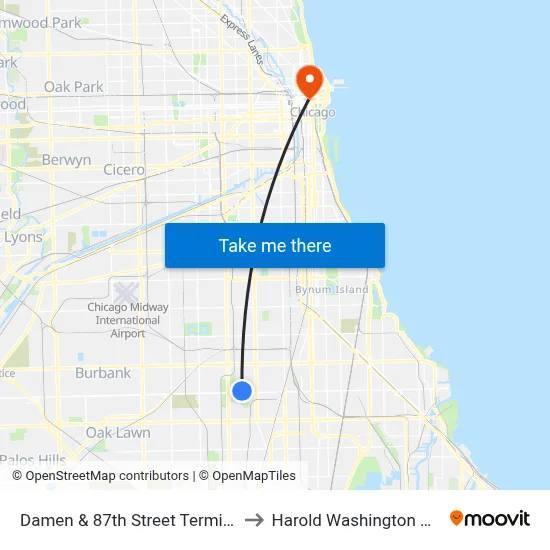 Damen & 87th Street Terminal (Se) to Harold Washington College map
