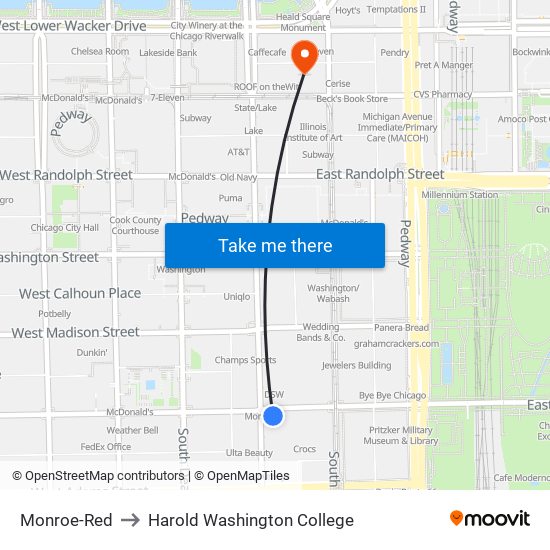 Monroe-Red to Harold Washington College map