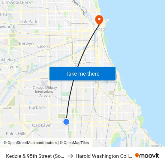 Kedzie & 95th Street (South) to Harold Washington College map