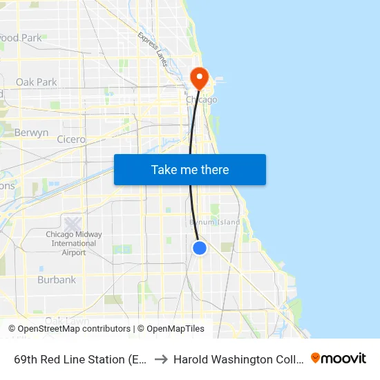 69th Red Line Station (East) to Harold Washington College map