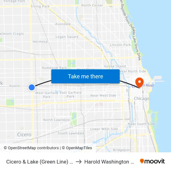 Cicero & Lake (Green Line) (South) to Harold Washington College map