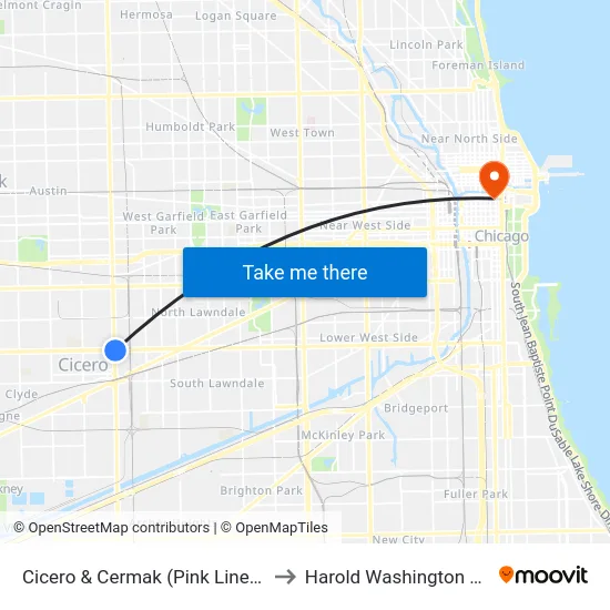 Cicero & Cermak (Pink Line) (North) to Harold Washington College map