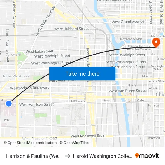 Harrison & Paulina (West) to Harold Washington College map