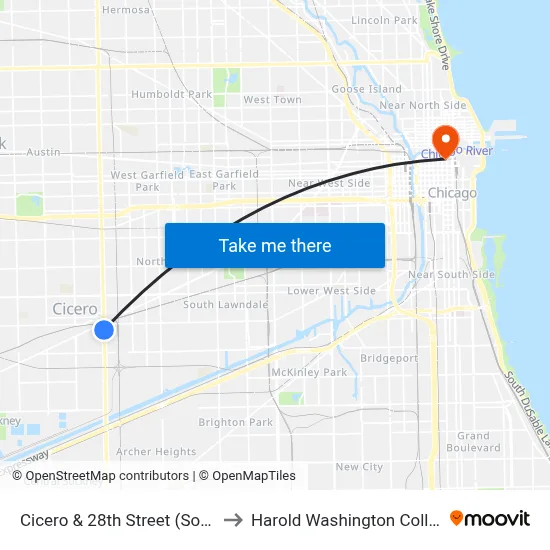 Cicero & 28th Street (South) to Harold Washington College map