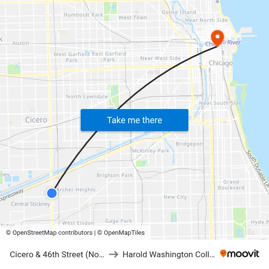 Cicero & 46th Street (North) to Harold Washington College map