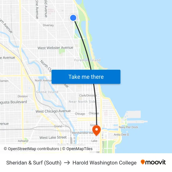 Sheridan & Surf (South) to Harold Washington College map