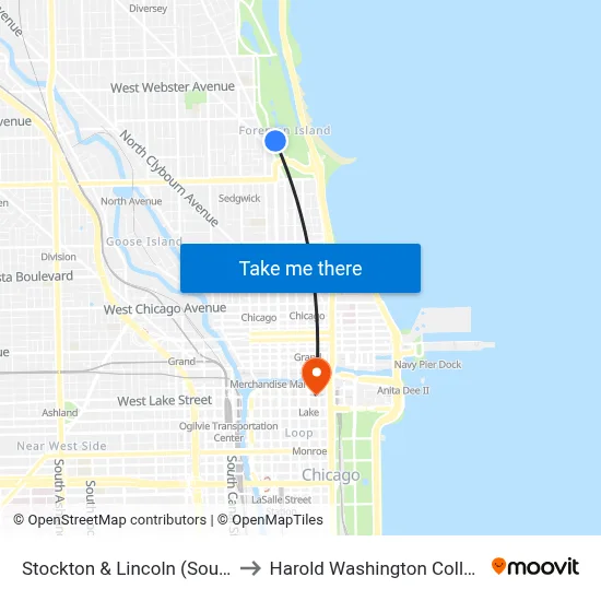 Stockton & Lincoln (South) to Harold Washington College map