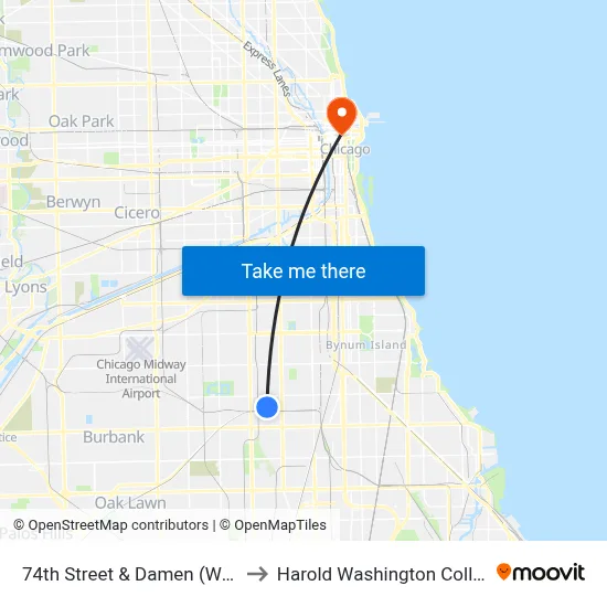 74th Street & Damen (West) to Harold Washington College map