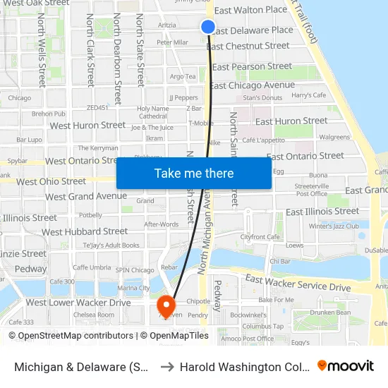 Michigan & Delaware (South) to Harold Washington College map
