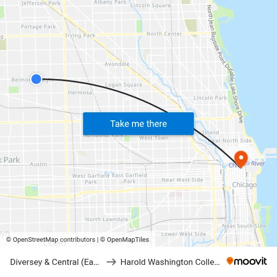 Diversey & Central (East) to Harold Washington College map