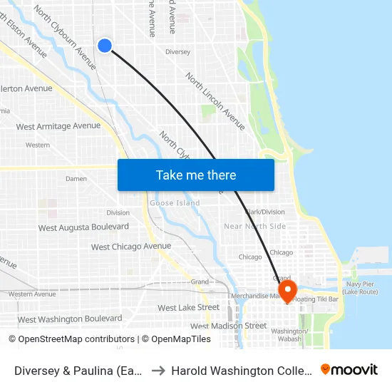 Diversey & Paulina (East) to Harold Washington College map