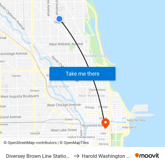 Diversey Brown Line Station (West) to Harold Washington College map