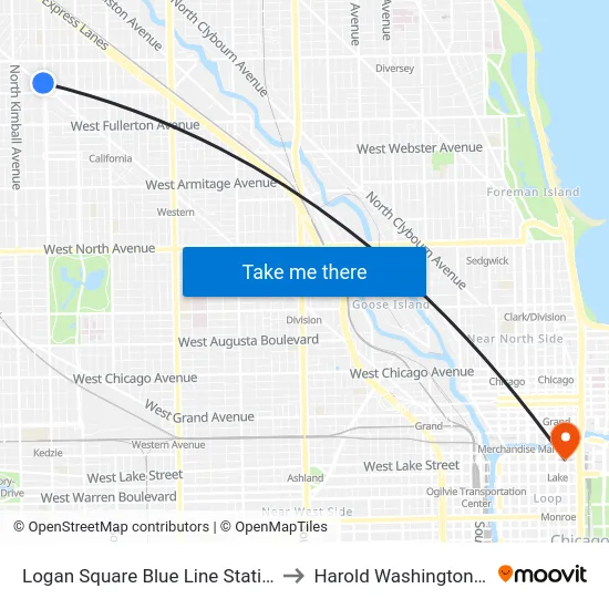 Logan Square Blue Line Station (South) to Harold Washington College map