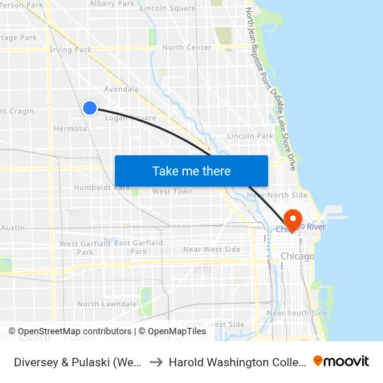Diversey & Pulaski (West) to Harold Washington College map