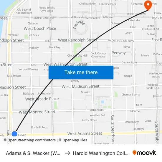Adams & S. Wacker (West) to Harold Washington College map