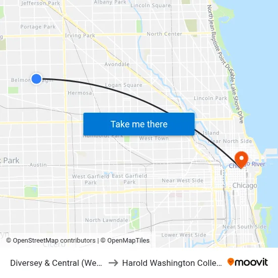 Diversey & Central (West) to Harold Washington College map
