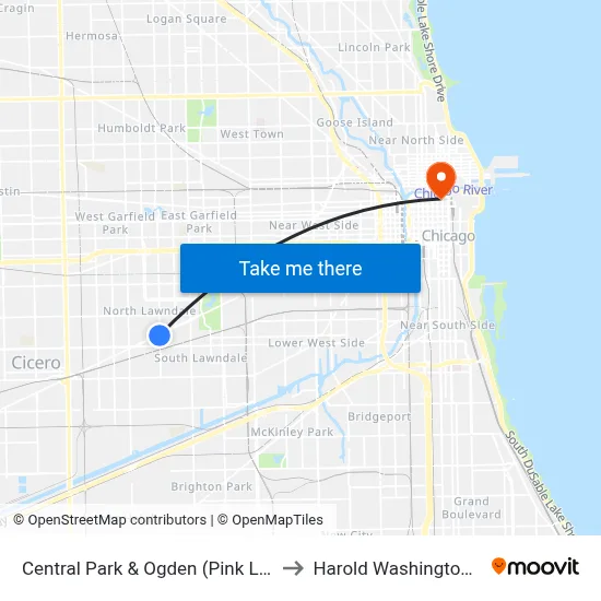 Central Park & Ogden (Pink Line) (South) to Harold Washington College map