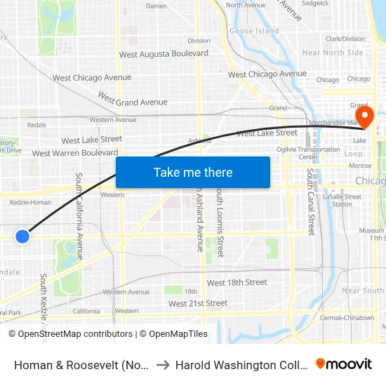 Homan & Roosevelt (North) to Harold Washington College map