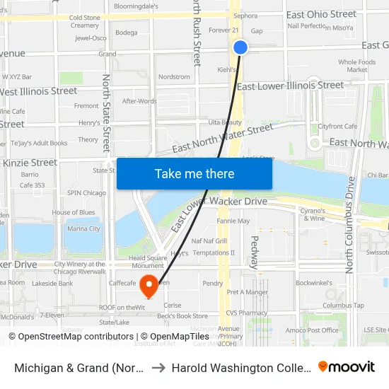 Michigan & Grand (North) to Harold Washington College map