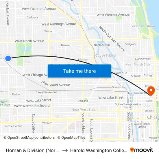 Homan & Division (North) to Harold Washington College map