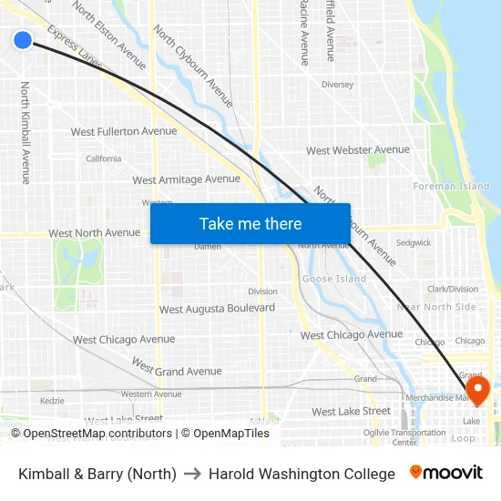 Kimball & Barry (North) to Harold Washington College map