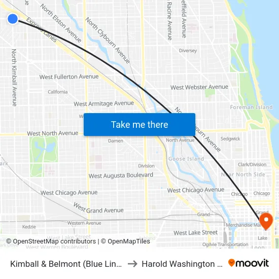 Kimball & Belmont (Blue Line) (North) to Harold Washington College map