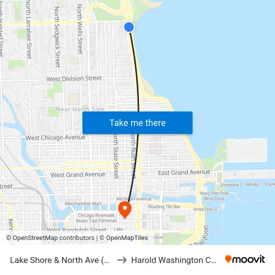 Lake Shore & North Ave (North) to Harold Washington College map